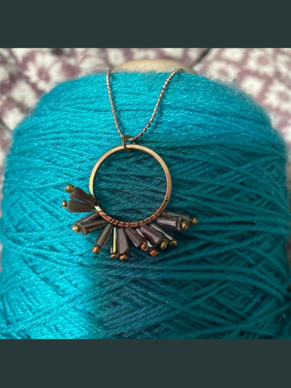 Handmade Bronze Circle Pendant Necklace Charm with Iridescent Beads